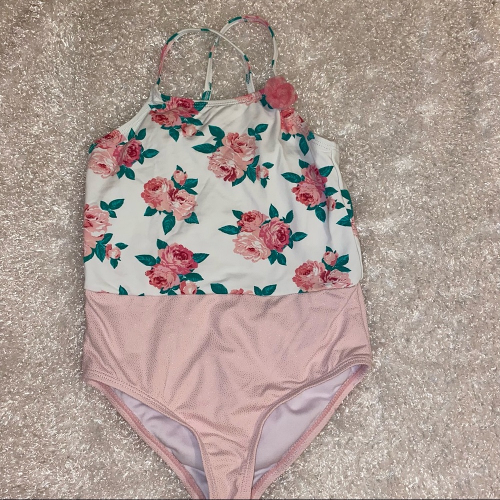 Betsey Johnson Girls Size 6X One Piece Bathing Suit Swim Suit Floral Sparkly